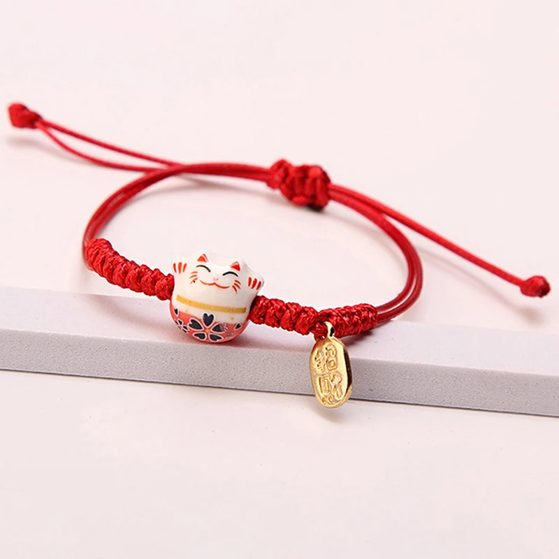 Cat Maneki Neko Bracelet Cute Lucky Cat Ceramic Beads Bracelet Fortune String Charm Bracelets with Bell Adjustable