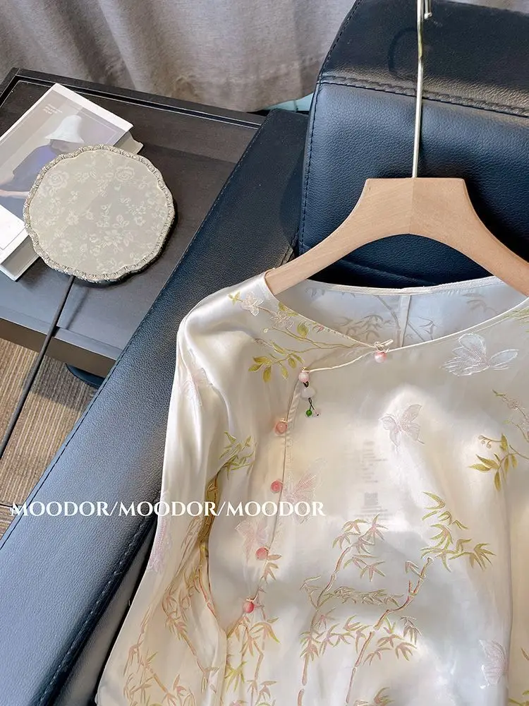 جديد النمط الصيني الخيزران المطبوعة فضفاضة قصيرة الأكمام جولة الرقبة قميص المرأة الصيف خمر بلوزة الشباب