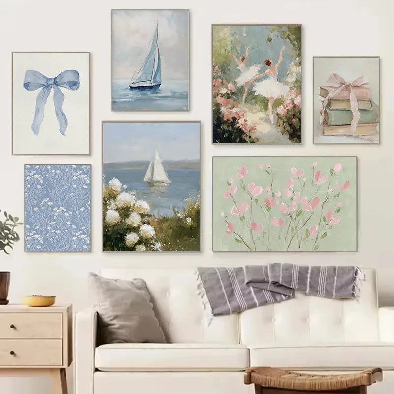 (No frame)Vintage Girly Sailboat Geese Hydrangeas Ballet Bow Coastal Nautical Poster Canvas Painting Wall Art Pictures Home D