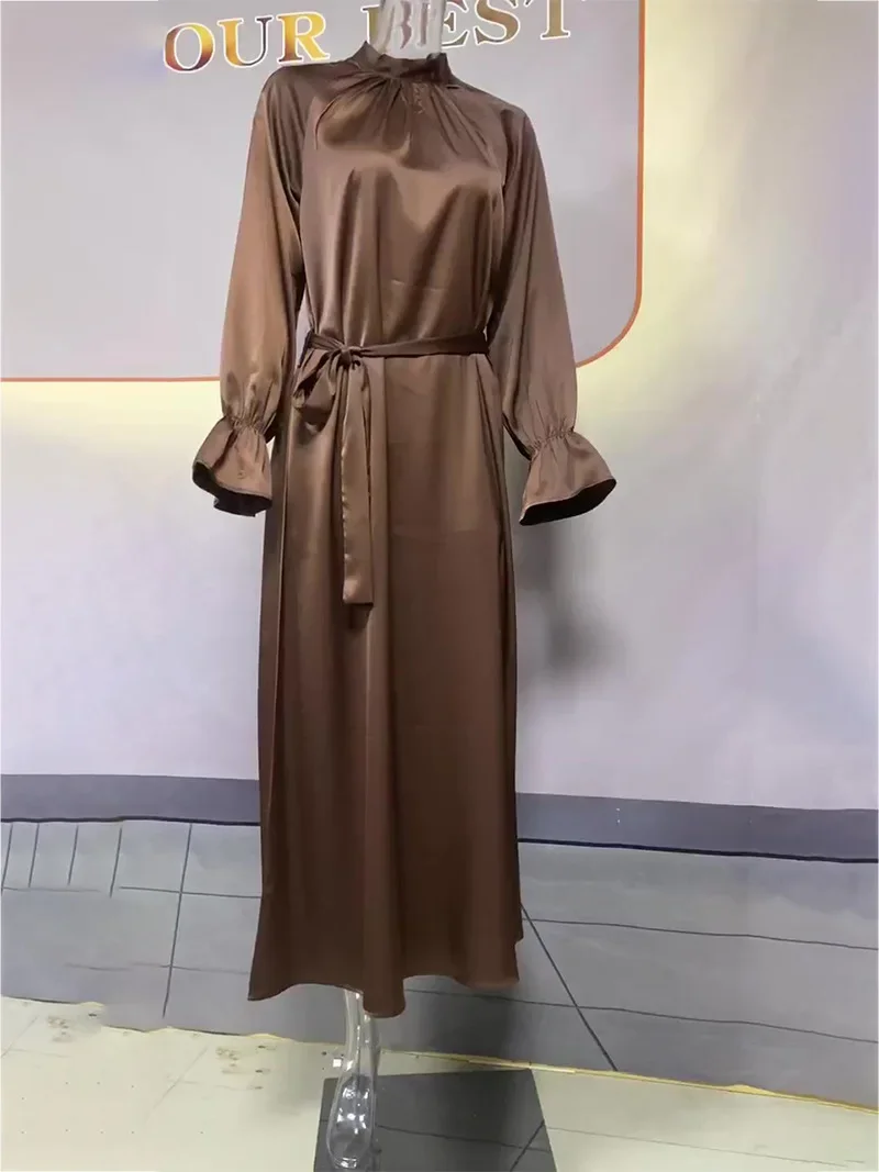 Sukienka muzułmańska z długim rękawem damska solidna satynowa sukienka dla kobiet Slim-fit pas suknie wieczorowe Abaya dubaj islamska odzież Vestidos