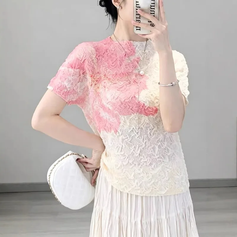 Pleated Positioning Print Colorful T-Shirt 2026 New Tie-Dye High Elasticity Short Sleeve Lightweight Women's No-Iron Top