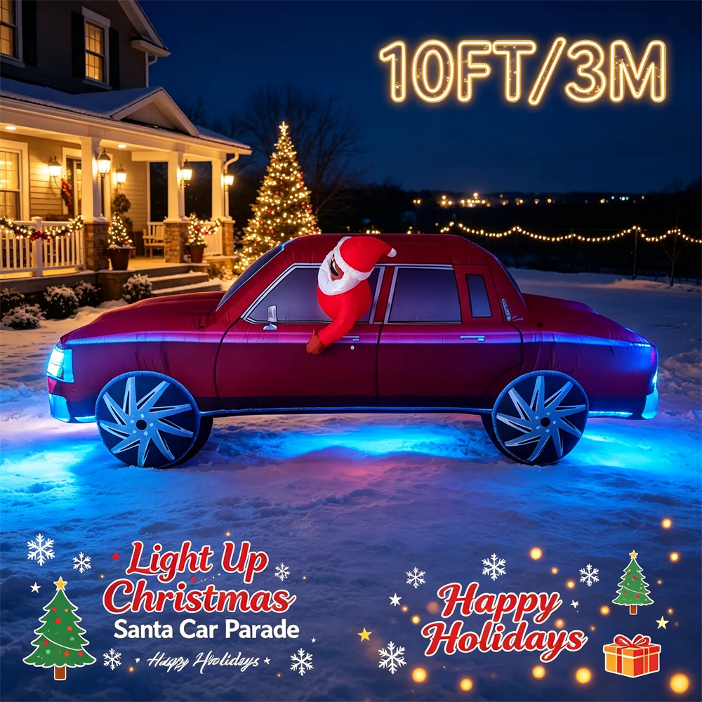 10FT Christmas Inflatable Toy Car with Santa Giant Blow Up Red Sedan Car Driving by Santa Claus Outdoor Garden Yard Winter Decor