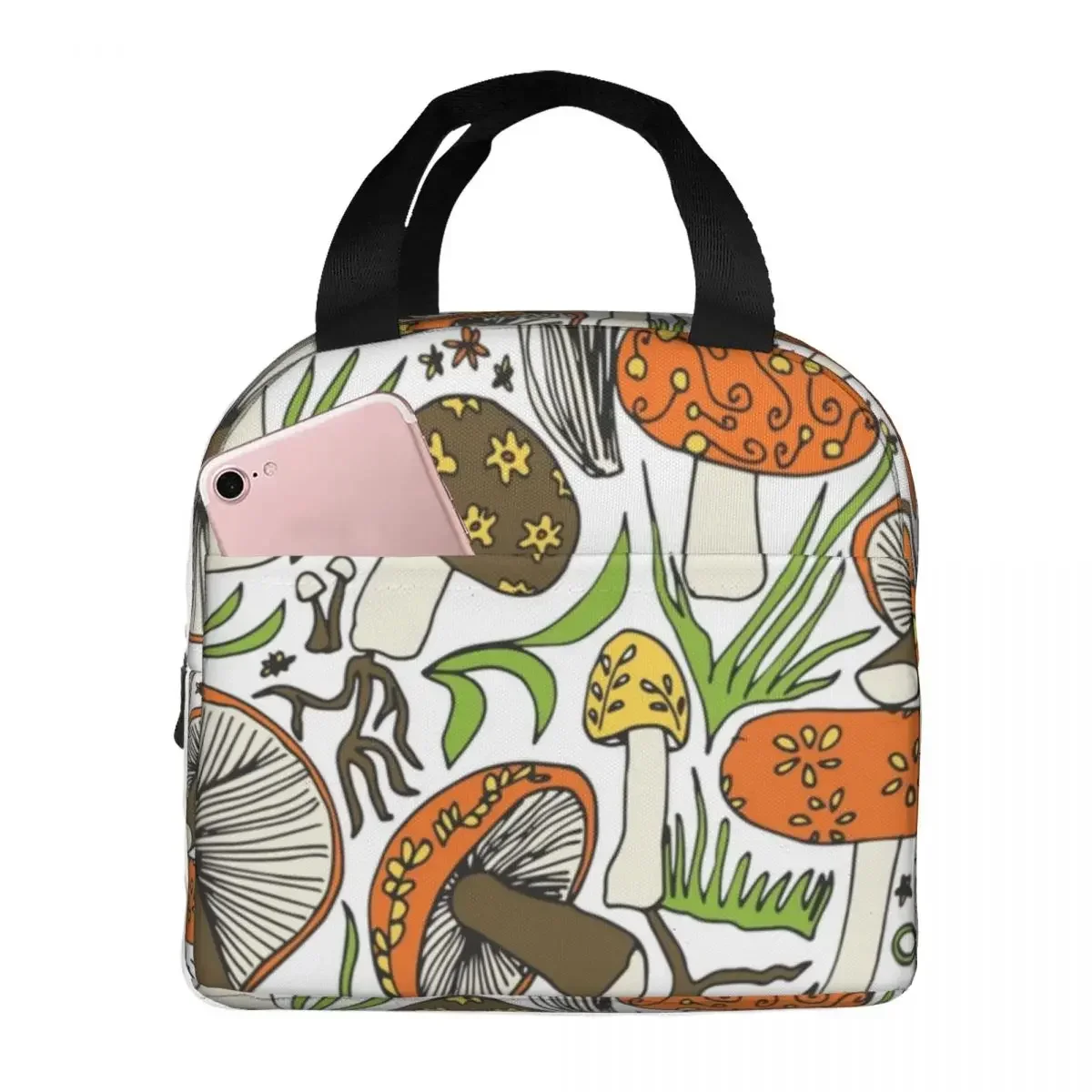 

Mushrooms Drawing Memories 70s Lunch Bags Portable Insulated Oxford Cooler Thermal Picnic Work Lunch Box for Women Children