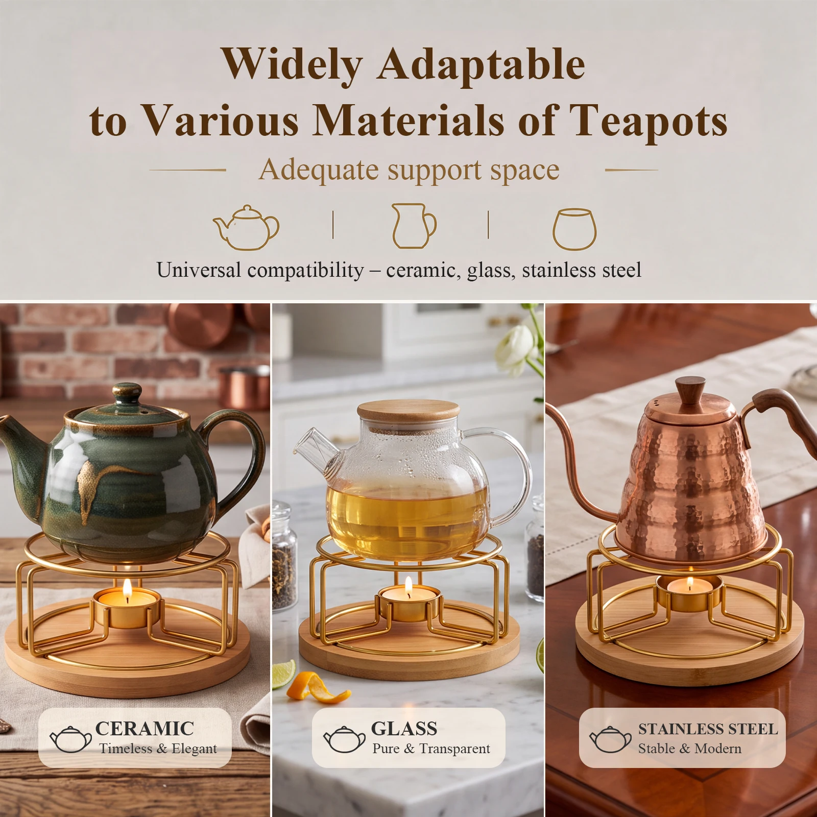 Stainless Steel Gold Kettle Heating Base with Bamboo Base Decorative Coffee Milk Candle Warmer Holder Tea Light Teapot Heater