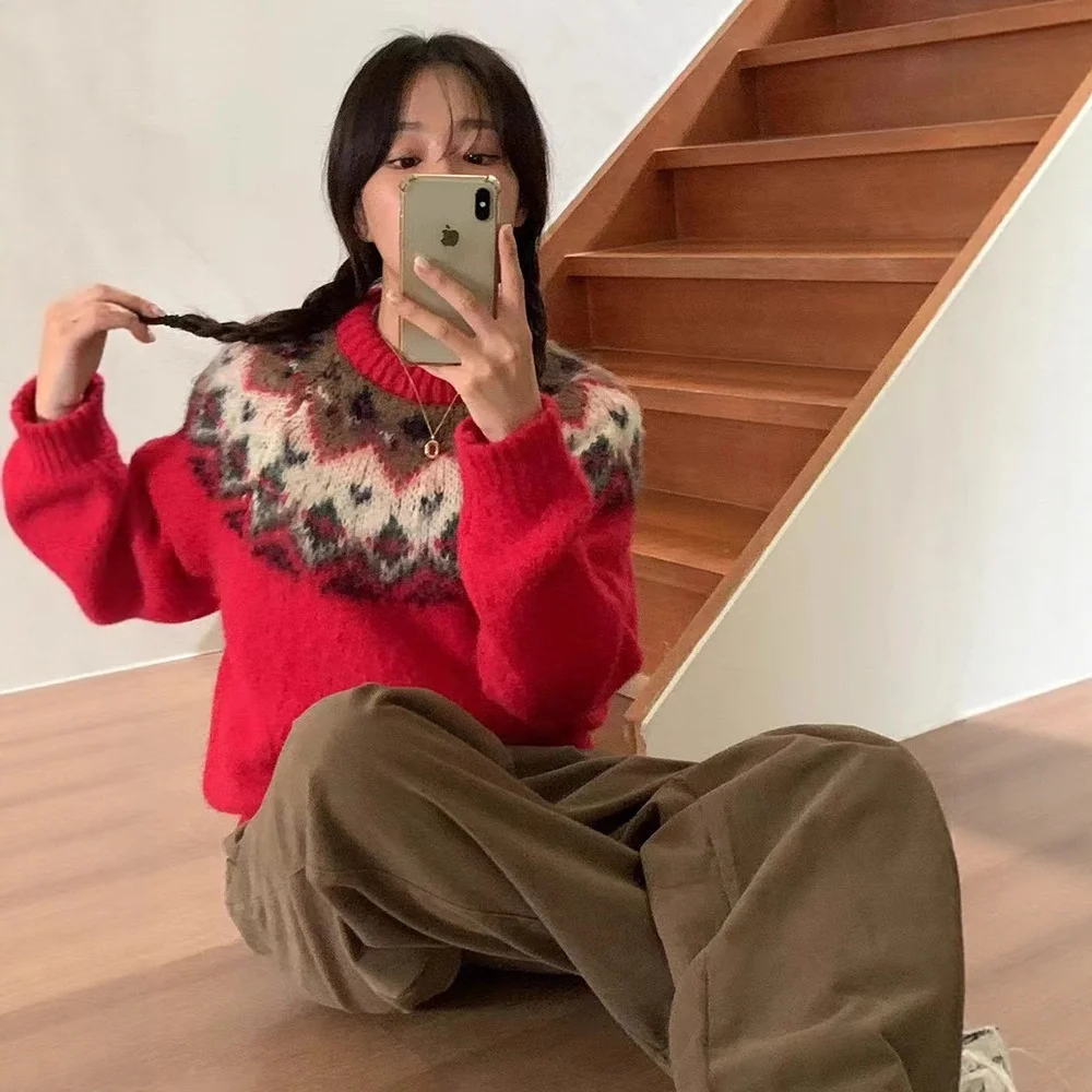 

Hebon Women's round Ne Pullover Sweater Autumn Loose Warm Retro Fair Isle Pattern Dongda Gate Sle Casual Wool Blend