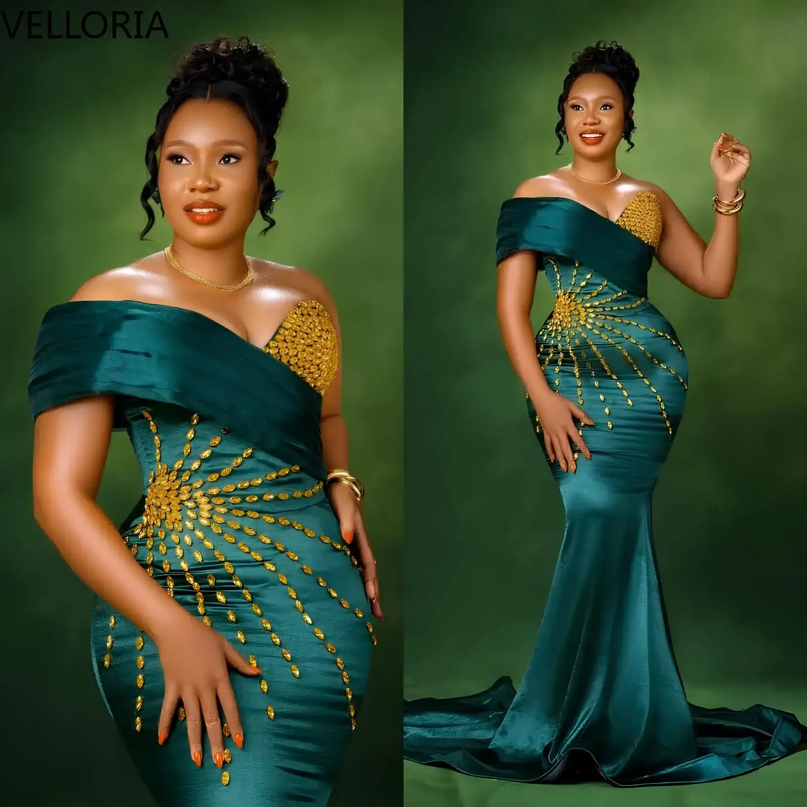 African Emerald Green Off Shoulder Mermaid Evening Dress Gold Beaded Bodycon Party Gown Formal Gown Plus Size Wedding Customized