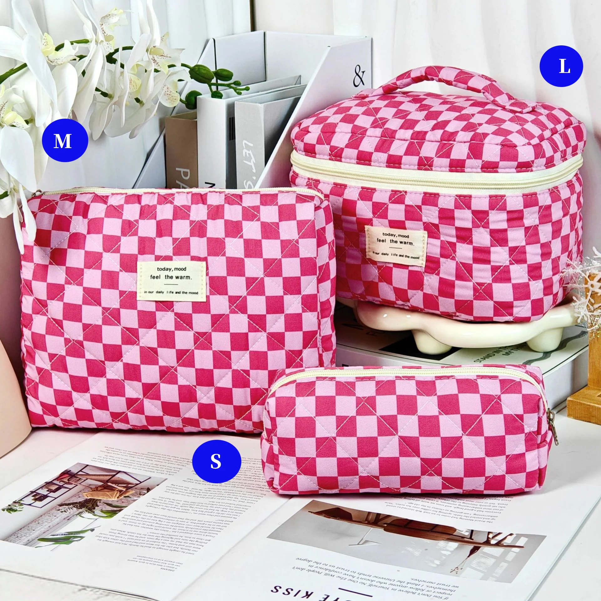 Checkerboard Quilted Makeup Bag Large Capacity Handheld Storage Bag Student Pencil Case Toiletry Bag Multifunctional Handheld