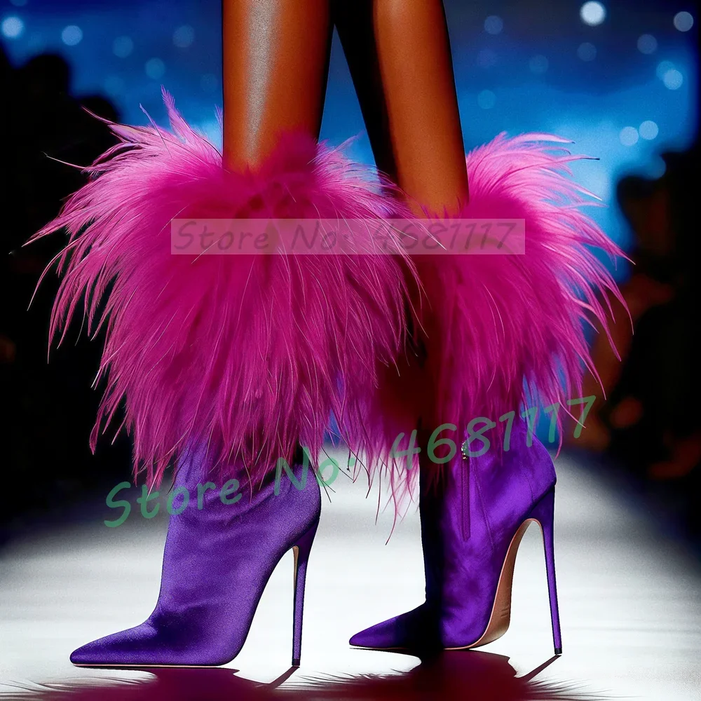 Botas medias elásticas de terciopelo de piel esponjosa para mujer, zapatos sexis de tacón alto con punta estrecha a la moda, botas bacanas de dos tonos de talla grande para mujer