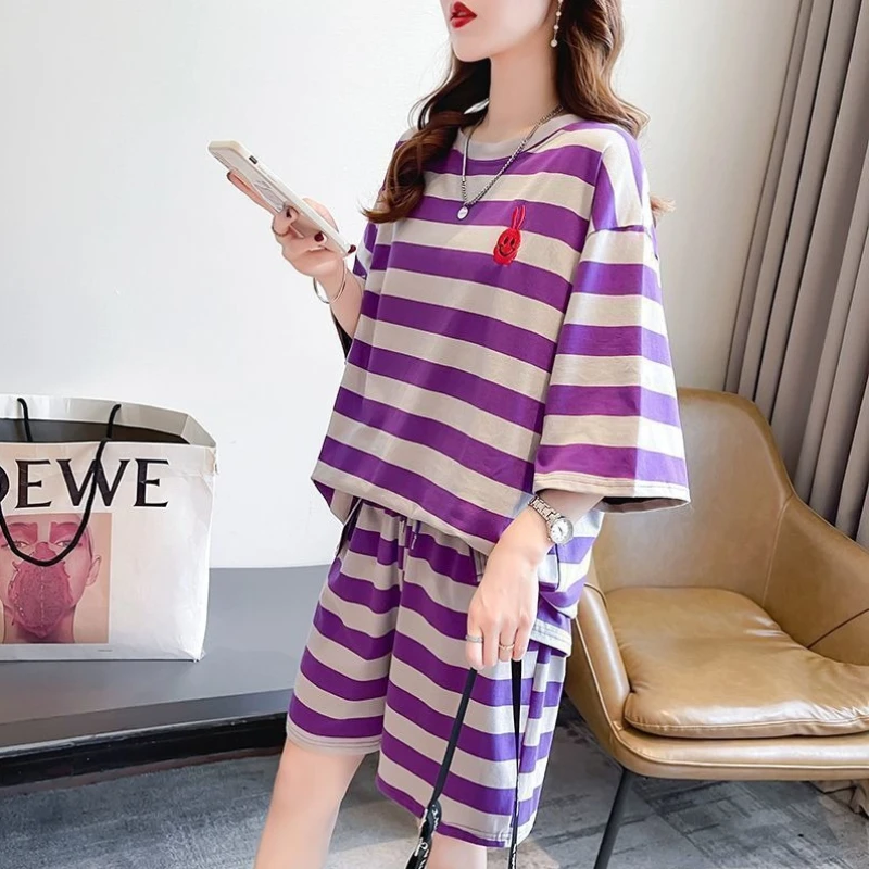 Casual Loose Women Two Piece Set 2026 Striped Short Sleeve Shorts New Chinese Style Fashionable New Style Slimming Fresh One Set