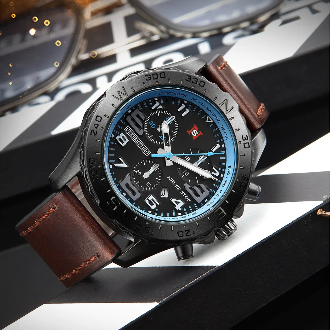 ساعة كوارتز كرونوغراف متعددة الوظائف للرجال من العلامة التجارية NS، حزام جلدي خارجي متعدد الألوان