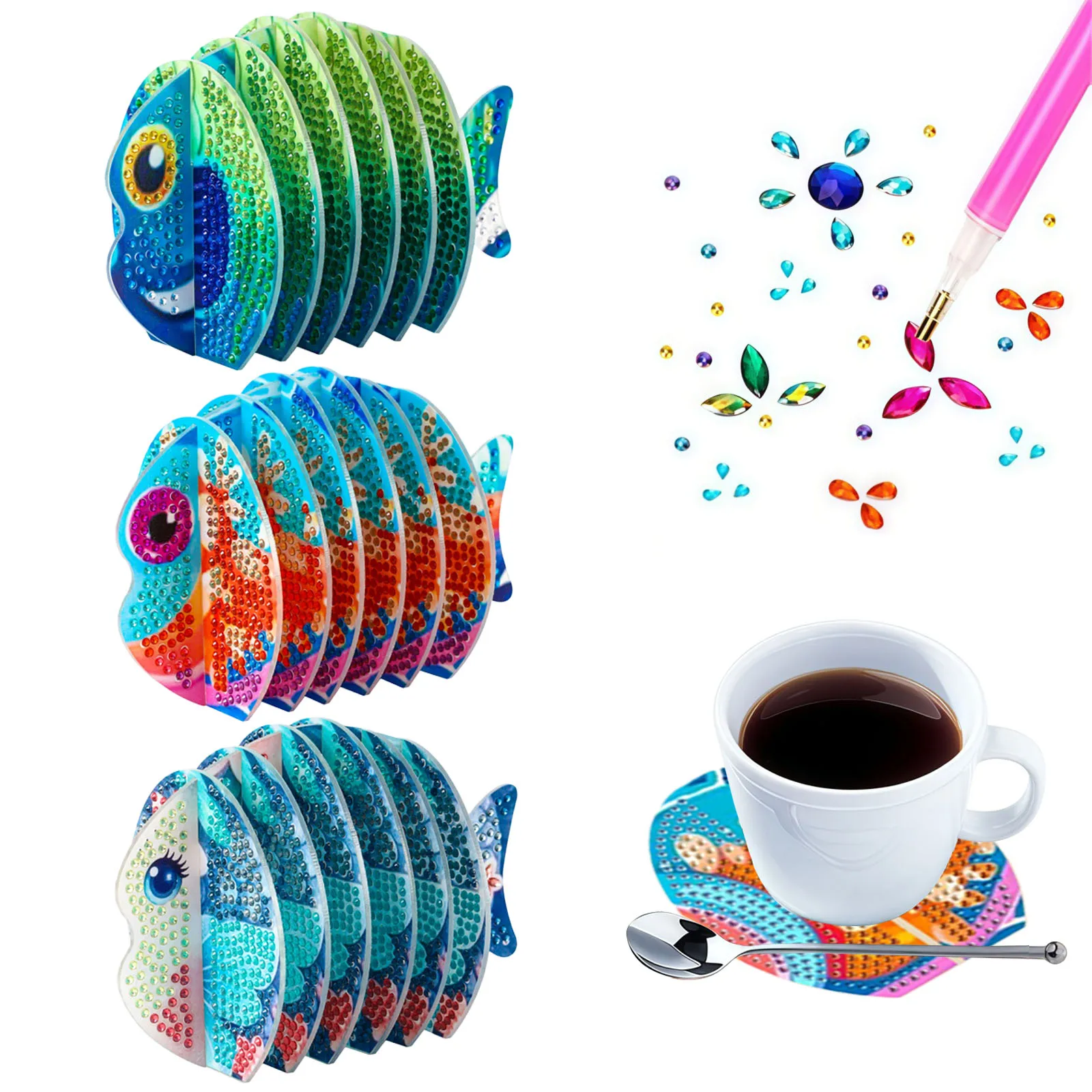 1 Piece Diamond Painting set, coaster, carp Pattern, acrylic Material, can be Assembled or Disassembled, tea set, non-slip use