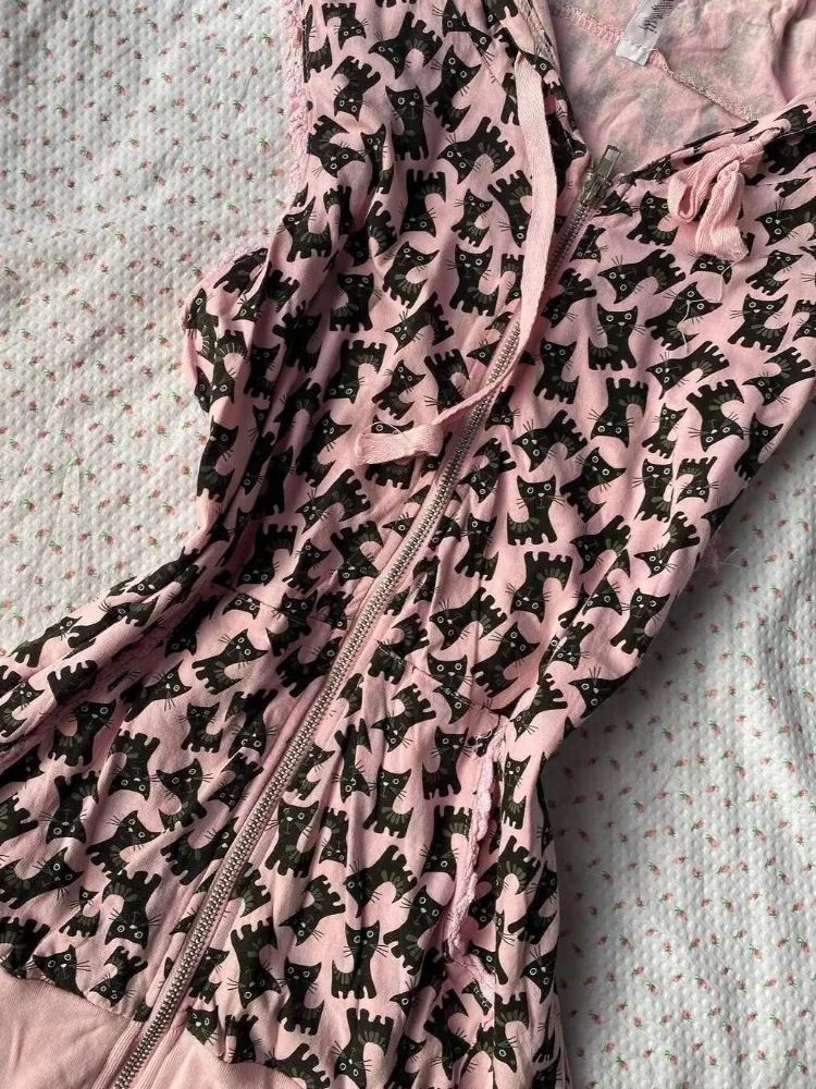 

Kimotimo Vintage Cat Print Hooded Sleeveless Jackets Women American Y2k Aesthetic Slim Zipper Sweatshirt Fashion Cardigan Tops