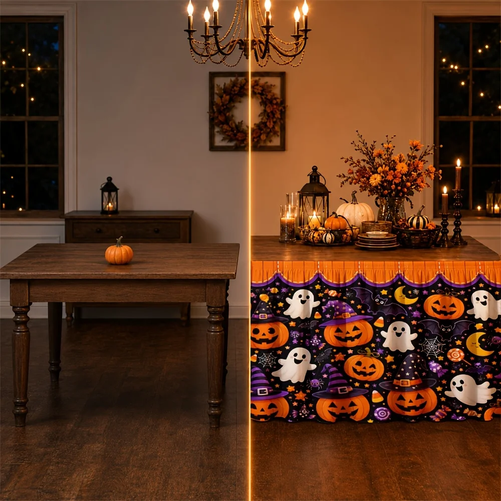Send a set of tablecloth and tablecloth cover (1-piece) featuring a Halloween pumpkin, ghost, witch, moon and spider web.zyc