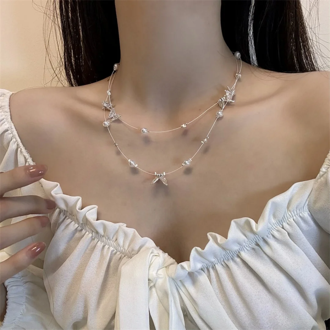 

DUTRIEUX Y2K Light luxury Butterfly Pearl Tassel Pendant Necklace for Women Elegant Temperament Clavicle Chain Jewelry Choker