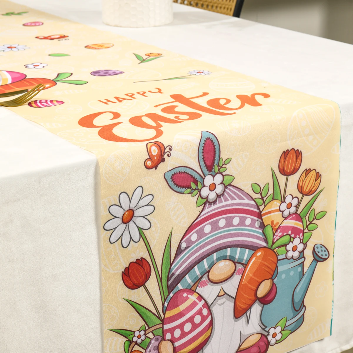 Happy Easter Table Runner Easter Decorations 2024  For Home Table Bunny Eggs Polyester Table Runner 180x35cm Easter Party Decor