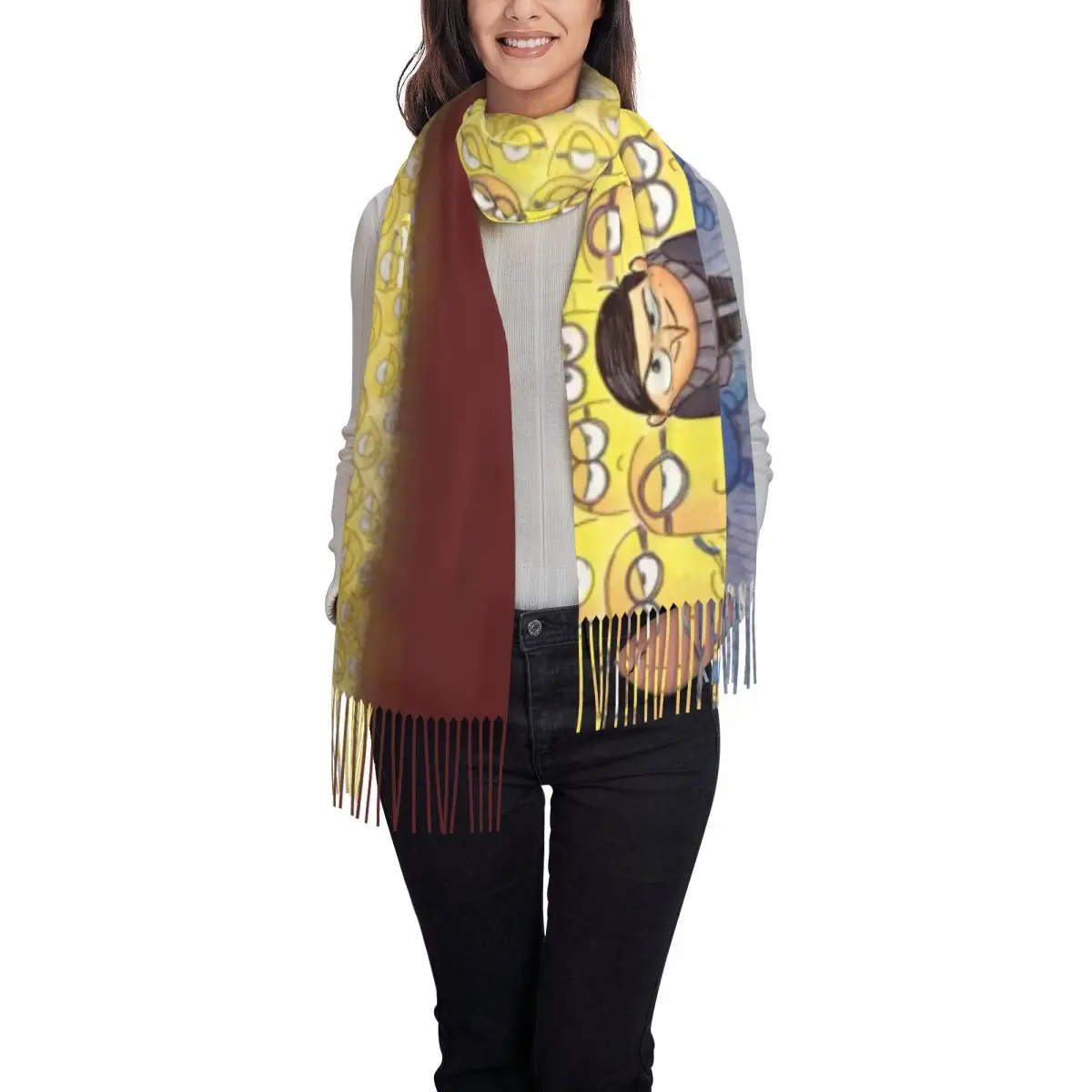 Custom Minions Cartoon Manga Tassel Scarf Women Winter Warm Shawls Wraps Lady Scarves