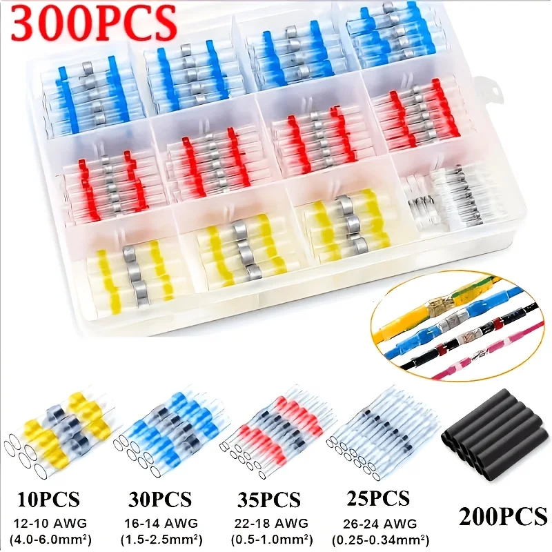 300PCS Solder Sealing Wire Connector Heat Shrink Butt Joint Kit, Suitable for Waterproof and Insulated Electrical Cable Connection Terminals in Ships, Cars, Campers and Trailers