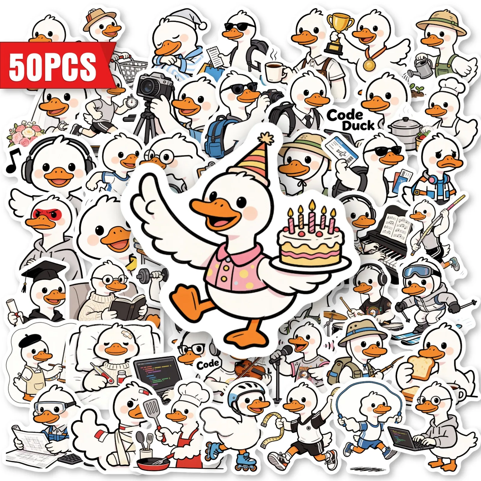 50-Pack Cute Cartoon Duck Characters Doodle Stickers Waterproof Decorations for Luggage Phone Tablet Notebook Guitar Stationery