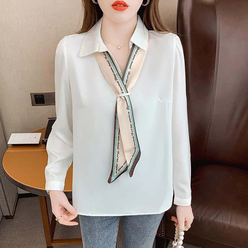 Elegant Chic Bow Tie Office Lady Business Casual Shirts Spring Autumn Fashion V Neck Long Sleeve Chiffon Top Blouse Women Blusas