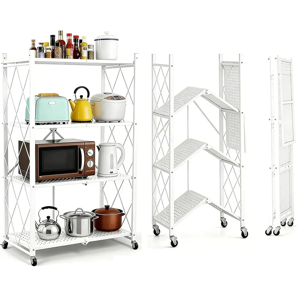 

4-ярусная металлическая полка на колесиках, складная стеллажная система для кухонной утвари, инструментов, книг, растений - белая
