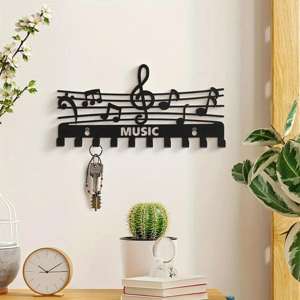 Intriguing 1pc Iron Music Note Storage Rack - Black Key Hooks and Coat Rack: Stylish Indoor Wall Beauty