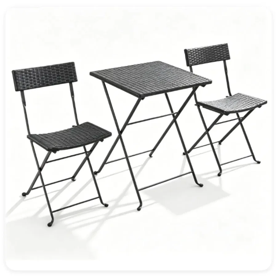 3 Piece Folding PE Rattan Bistro Set, Black Wicker Patio Dining Set with 1 Coffee Table and 2 Ergonomic Chairs, Foldable Outdoo