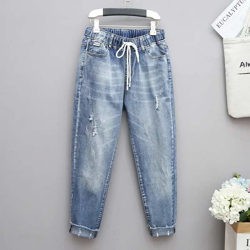 2026 Fashion Large-size Stretch Jeans Women's Hole Harlan Pants Loose Elastic High-waisted Casual Trousers Ankle-length Jeans