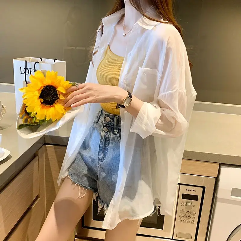 Breathable Thin Loose Chiffon Shirt and Camisole Knit Vest Two Piece-set for Women\'s Summer Korean Version Casual Commuting Set