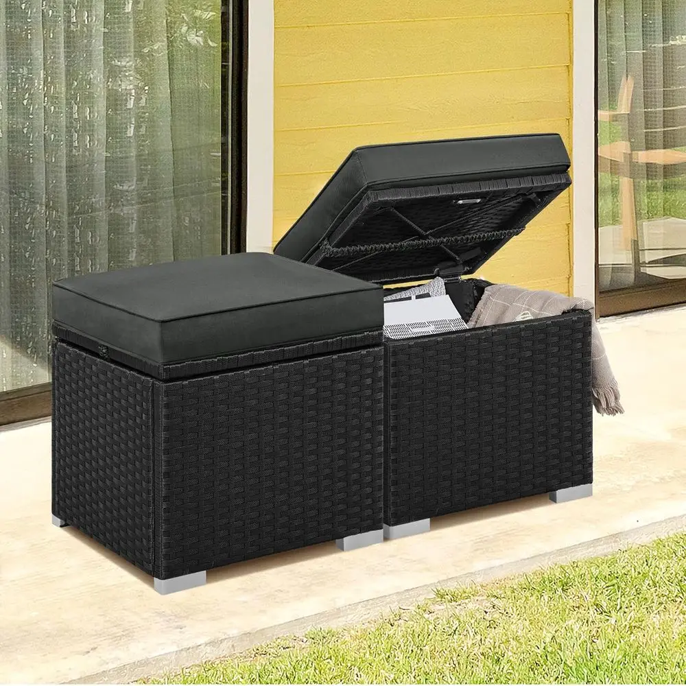 Wicker Ottomans, Set o 2 PE Rattan Side Tables, Black/Gray | Outdoor/Indoor ootstools with Hidden Storage & Removable Cushion, A