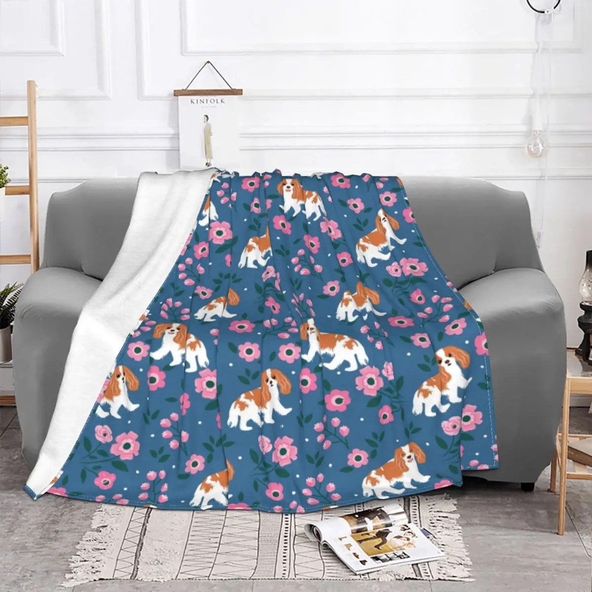 Blenheim Cavalier King Charles Spaniel Blankets Flannel Playing at Night in a Garden  Throw Blanket for Bed Office Rug Piece