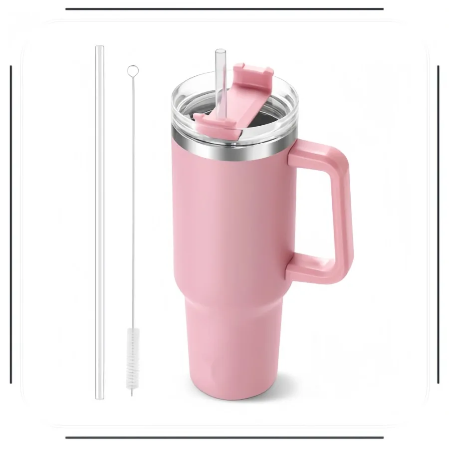 

Insulated 40oz Tumbler Pink, with Handle & Straw, Reusable Steel Cup, Christmas Gift for Mom, Grandma