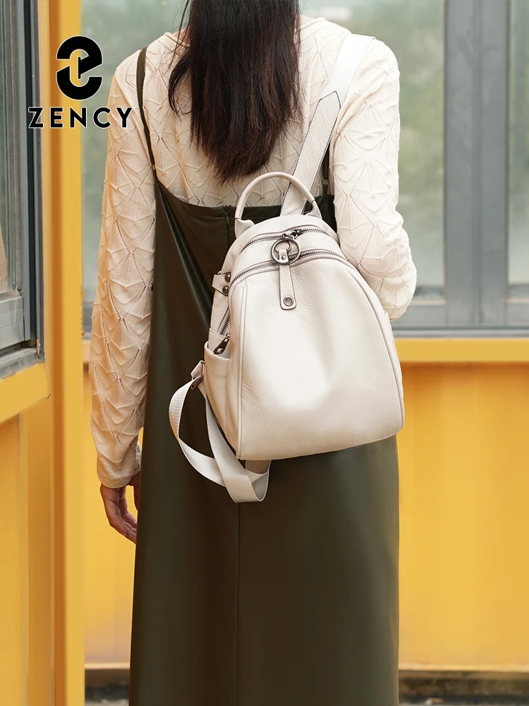 Zency Women's Soft Genuine Leather Pale Pink Backpack Large Capacity Convertible Rucksack Knapsack Multi-pockets Shoulder Bag