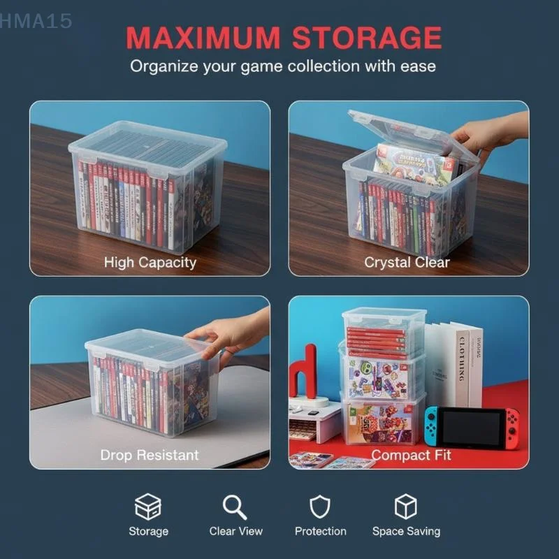 【YA】Transparent Plastic Game Storage Box Large Capacity And Dustproof Lid For Gamers Organizing Video Game Cartridges