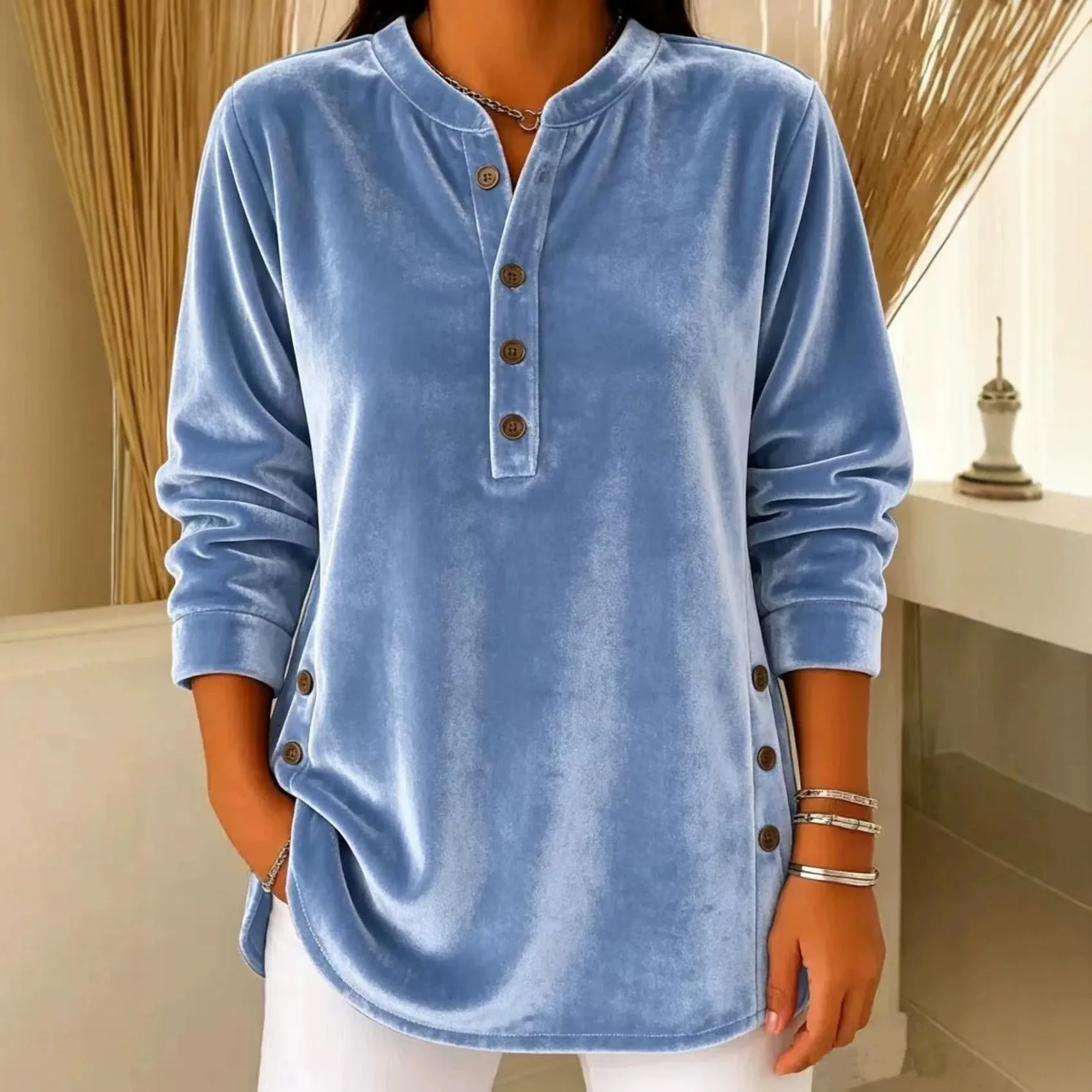 Women's Winter Blouse Longsleeve Clothes Woman V Neck T Shirt Solid Color Casual Top Light Blue Button Front Long Sleeve Top