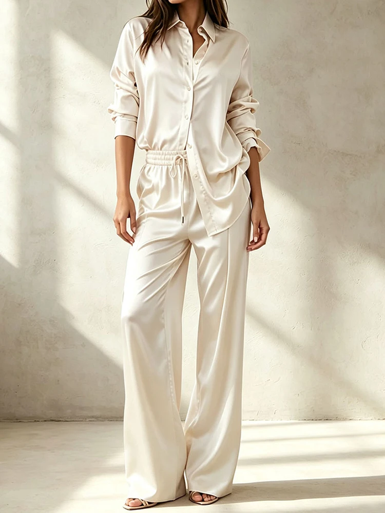 Turn-Down Collar Single-Breasted Cardigan Top with Elastic Waist Wide Leg Pants 2PCS Set Women Spring Autumn Casual Loose Outfit