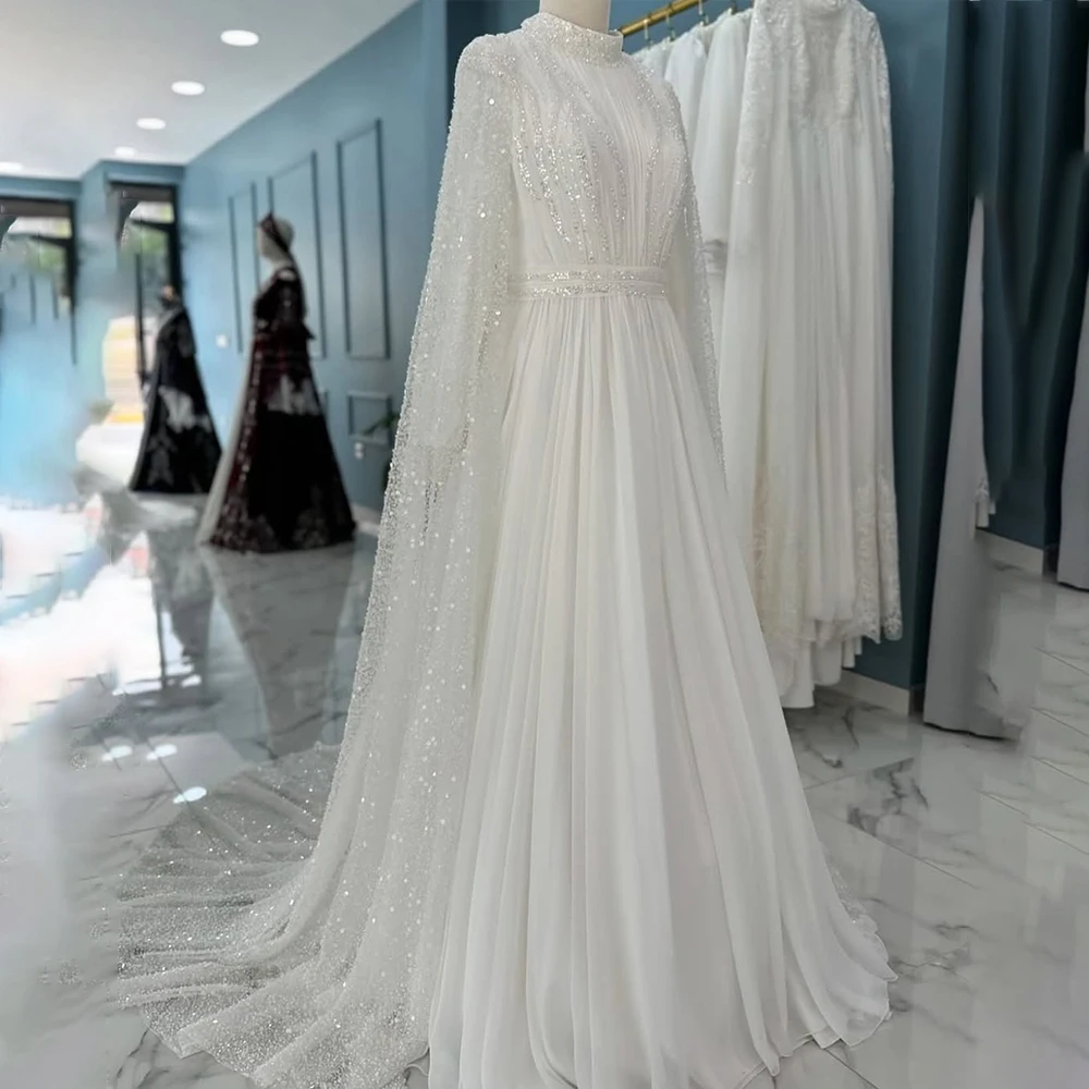 

Elegant Muslim Wedding Dresses with Cape High Neck Long Sleeves Sequined Hijab Bride Bridal Gowns Customized robe de mariée