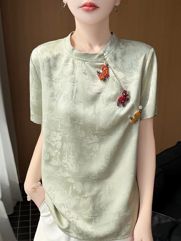 

New Chinese Style Silk Simulation Short Sleeve Women's Collar Tunic Top Silk Smooth Acetate Satin Commute Shirt