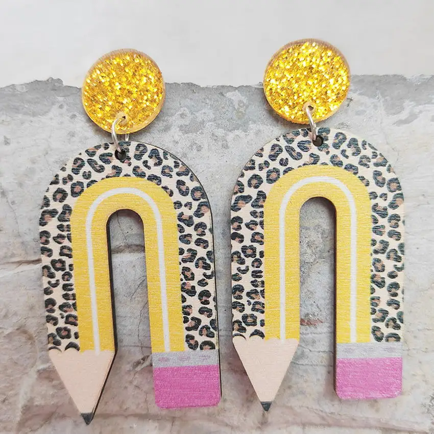 Rainbow Stripe Leopard Wooden Pencil Arch Earrings for Women Fashion New Wood Teacher Earrings Back to School Earrings Gifts