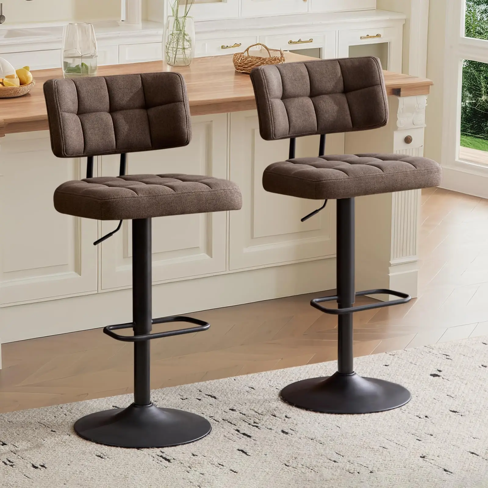 ty-Bar Stools Set of 2,Height Adjustable Swivel Barstools,Armless Linen Fabric Counter Height Stools with Footrest，Customized-