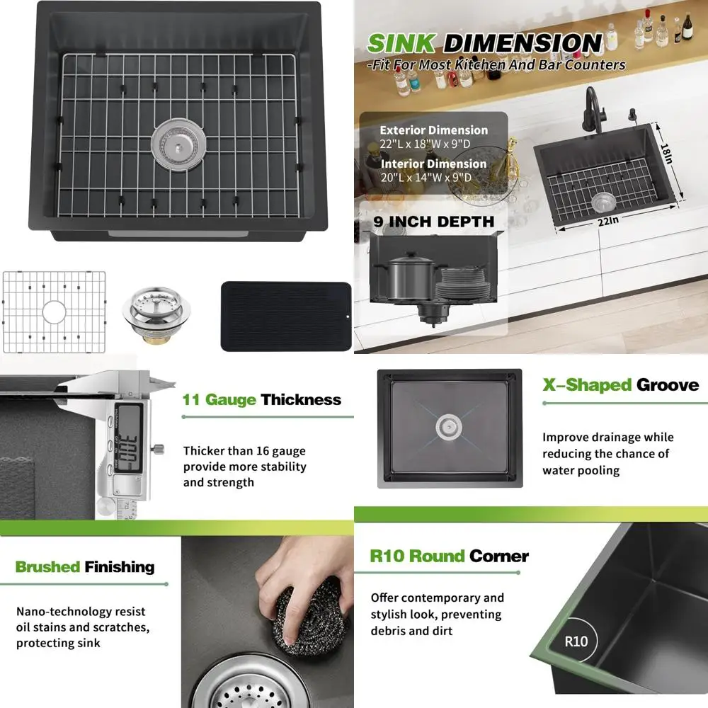 

Stainless Steel Undermount Single Bowl Kitchen Sink Combo - 22x18 Inch Modern Sink with Grid, Mat, Drain Set for Bar Area
