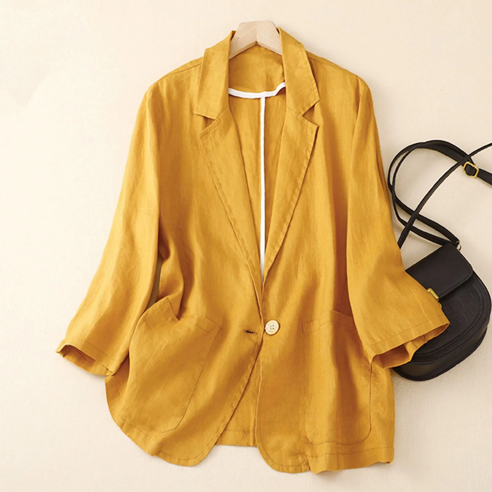 

Women Cotton Linen Blazers Jacket Solid Color Turn-Down Collar Office Coat Ladies Blazers Summer Single Button Suit Coat Outwear