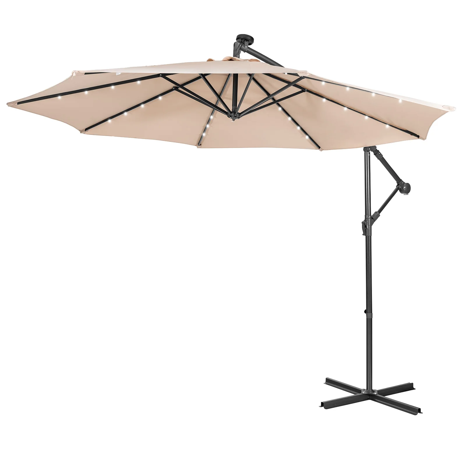 10FT Cantilever Solar Powered 32 LED Lighted Patio Offset Umbrella Outdoor Beige