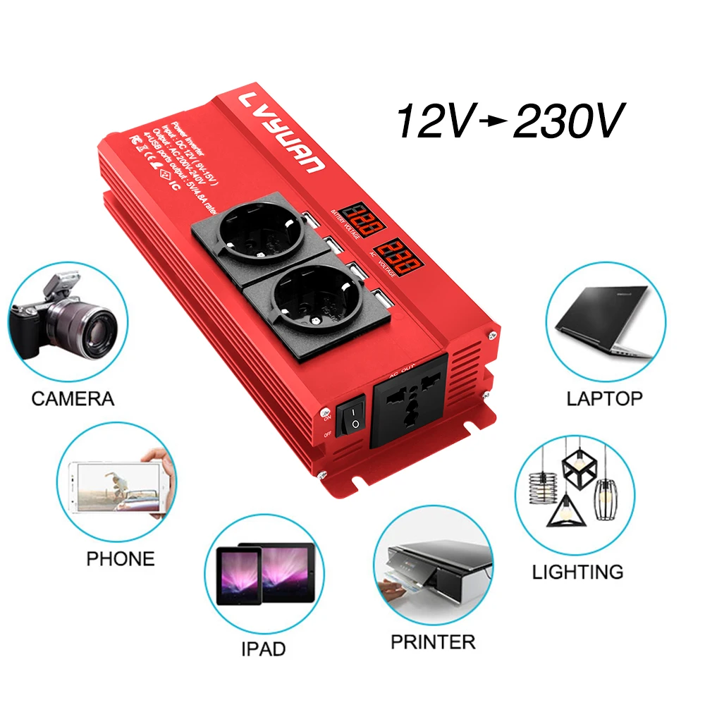 2600W LVYUAN Inverter преобразователь 12v×220v 3sockets Type Powerful 50hz Car Inversor 4USB Outputs Converter