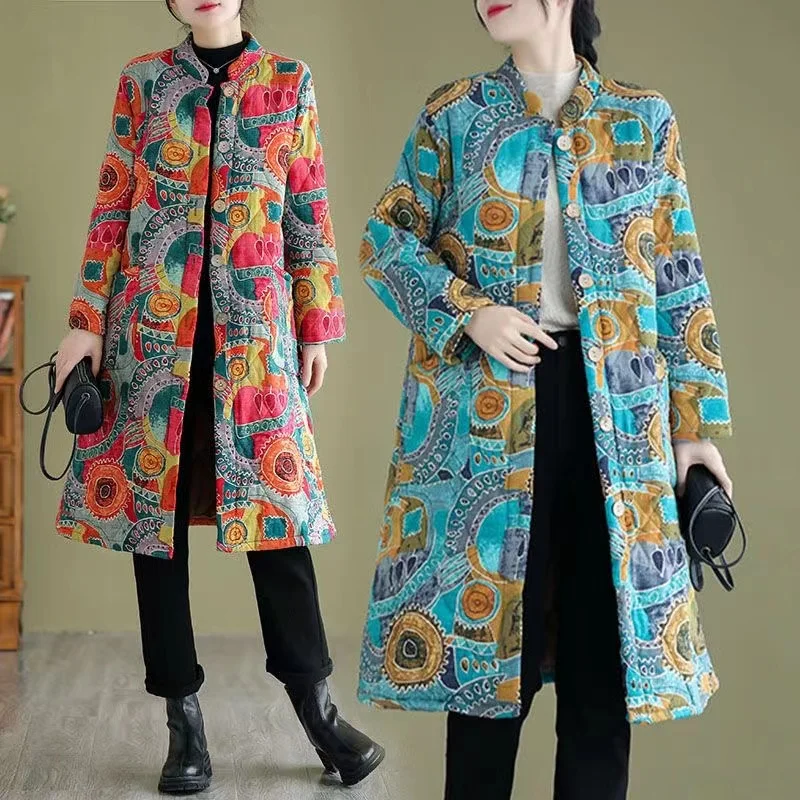 

2024 New Winter Plus Velvet Women Long Coat Thick Warm Cotton-Padded Floral Print Parkas Stand Collar Buttons Outerwear Jackets