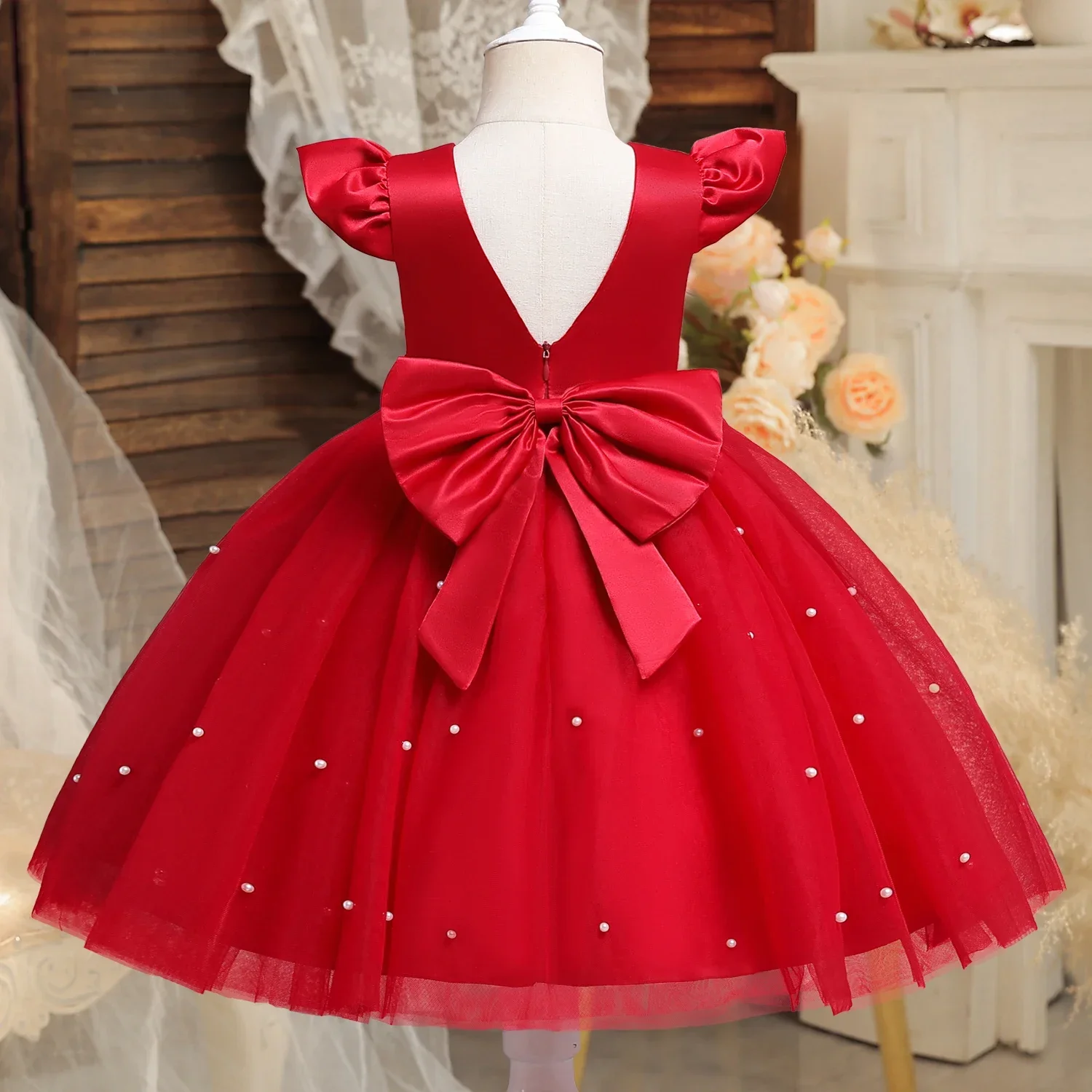 Toddler Girl Flower Birthday Tulle Dress Backless Bow Dressing Gown Kid Party Wear Princess Pink Dress Baby Girl Bowknot Dresses