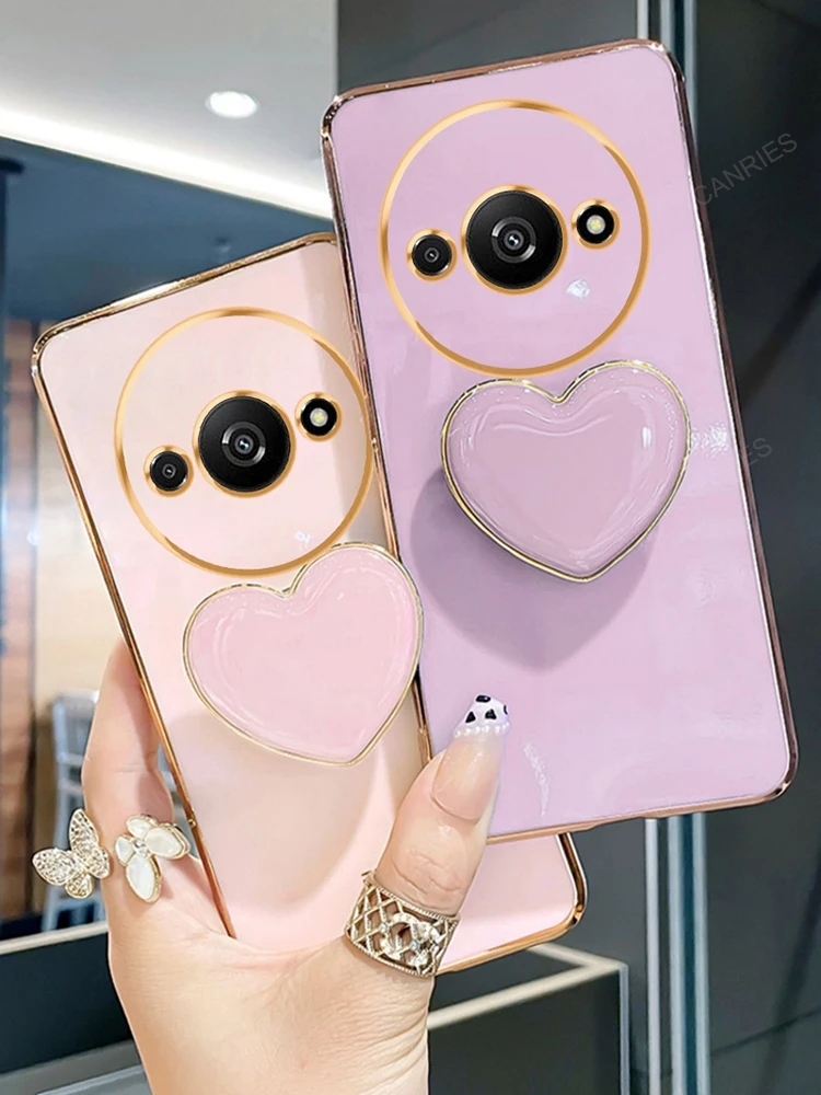 Redmia3 Love Heart Phone Holder Luxury Plating Case For Xiaomi Redmi A3 A3x 4g Poco C61 Stand Soft Silicone Back Cover On A 3