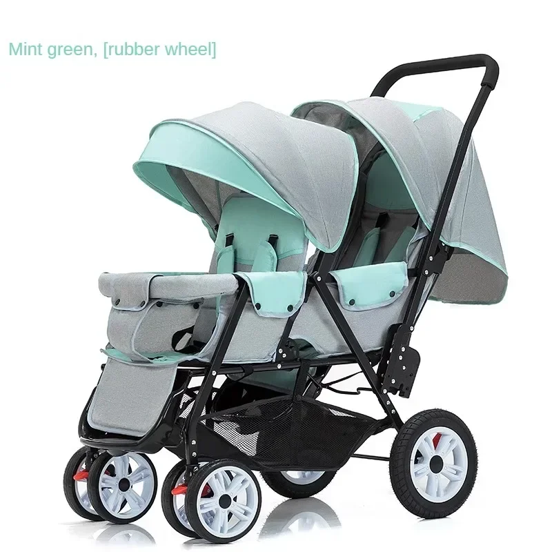 Nieuwe Twins kinderwagen voor- en achterbank, twee personen kunnen zitten en liggen, lichtgewicht opvouwbare kinderhandkar kinderwagen