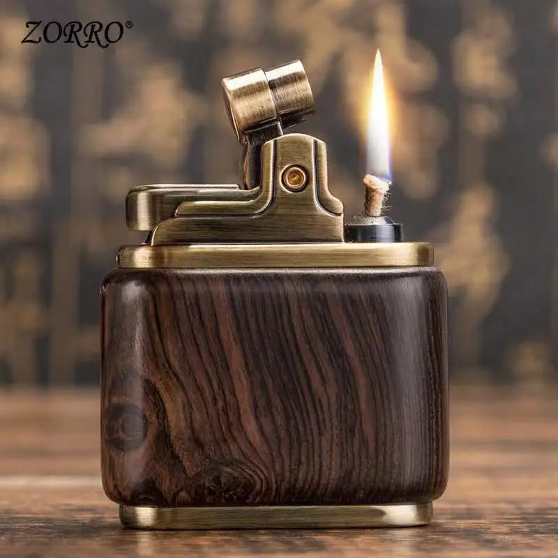 Zorro Pure Copper Kerosene Lighter Retro Nostalgic Handmade Wood Shell Grinding Wheel Lighter Cigarette Accessories Men\'s Gift