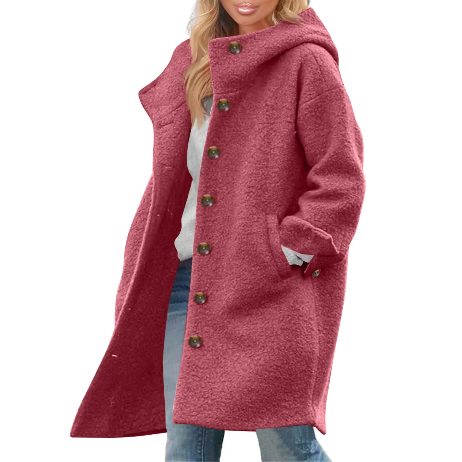 Womens Solid Color Jacket Casual Loose Fit Button Coats Button Up Long Sleeve Outerwear With Pocket Hooded Overcoat Jacket Coat