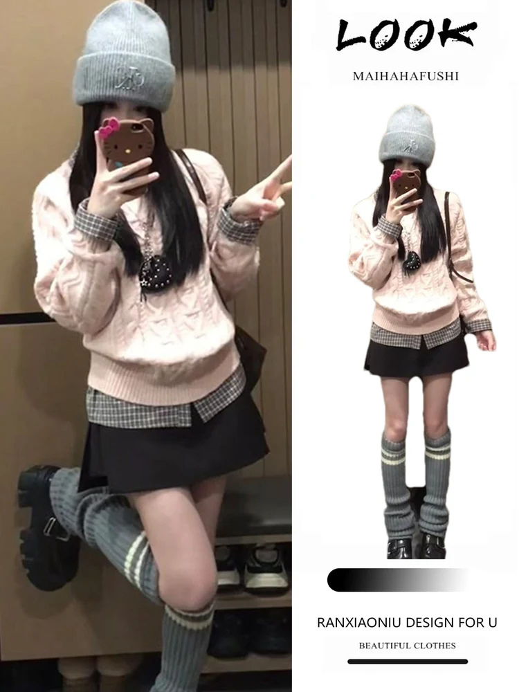 

Корейский комплект: свитер и юбка в клетку для женщин, облегающий, с длинным рукавом, с высокой талией, осенне-зимний, модный